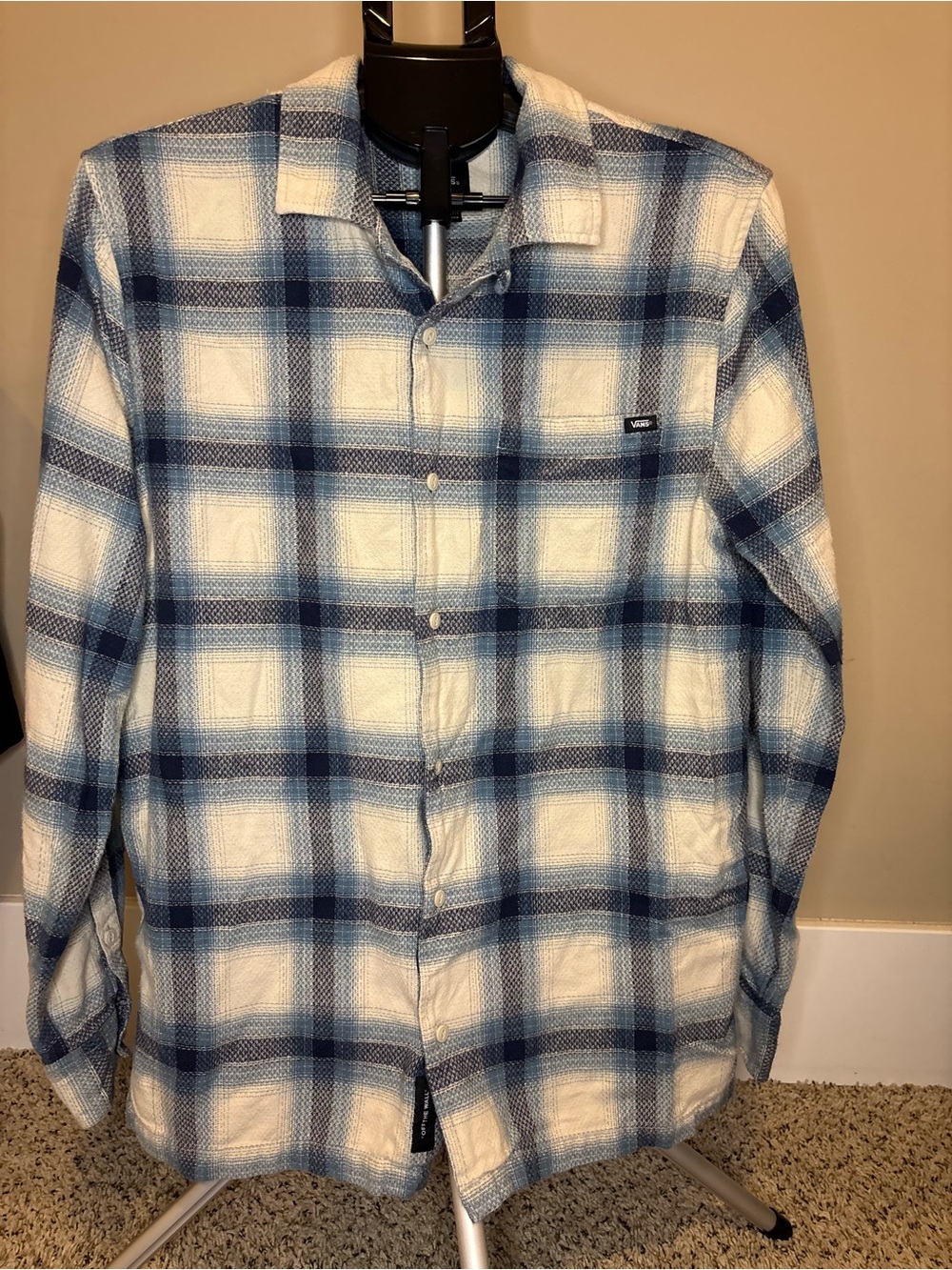 Vans Men’s Medium Blue Cream Plaid Flannel Shirt Classic Fit